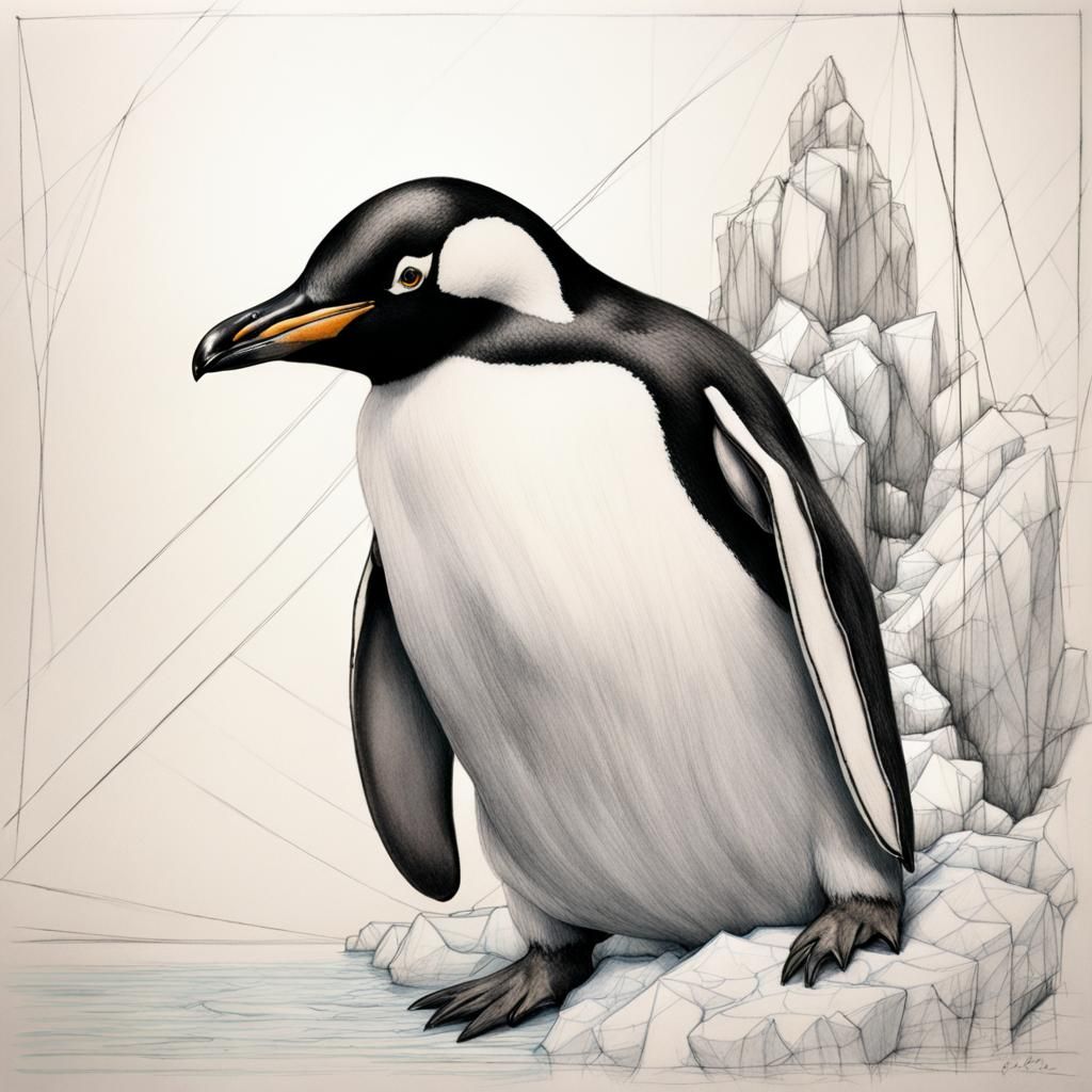 Penguin on Iceberg: Pencil and Ink Detailed Sketch