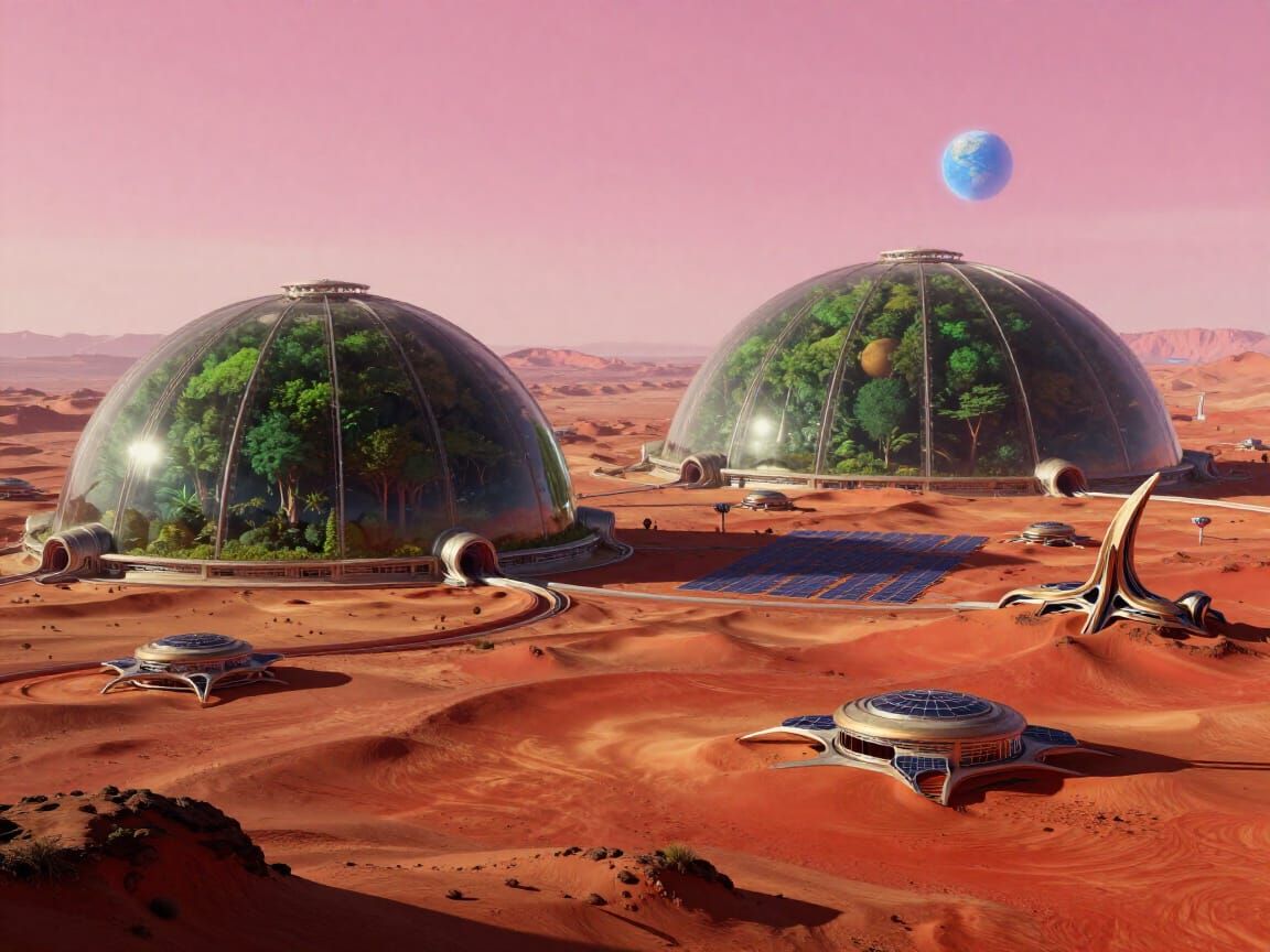 Mars Colony Landscape with Bio-Domes and Earth View