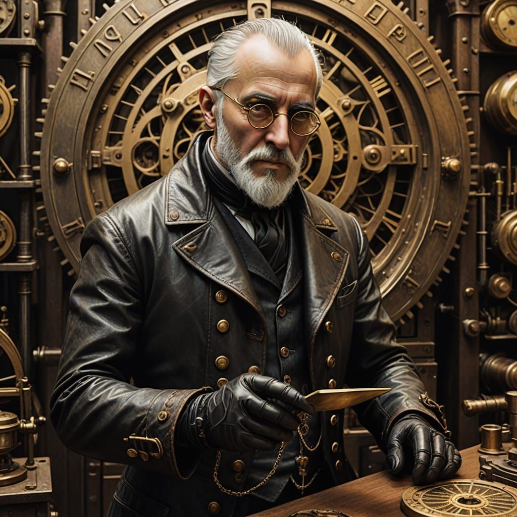 Steampunk Scholar in Ticking Leather Coat with Brass Buttons...