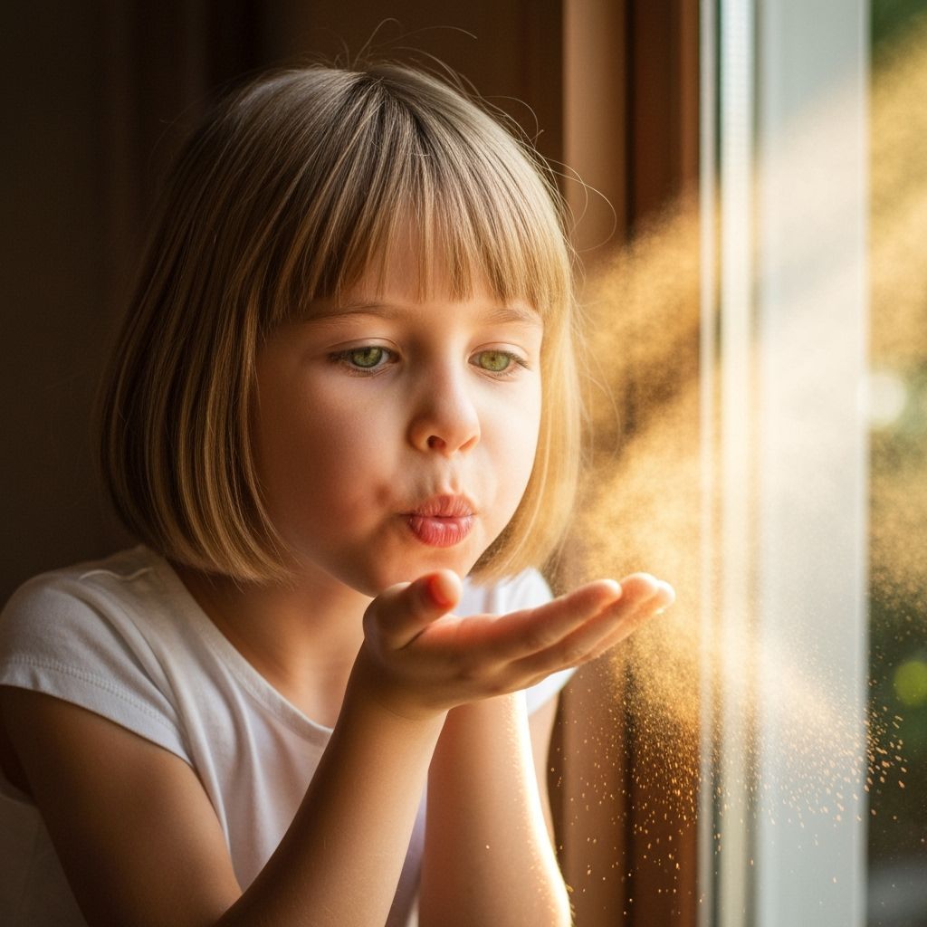 Young Girl Blowing Golden Dust Cloud in Sunlight