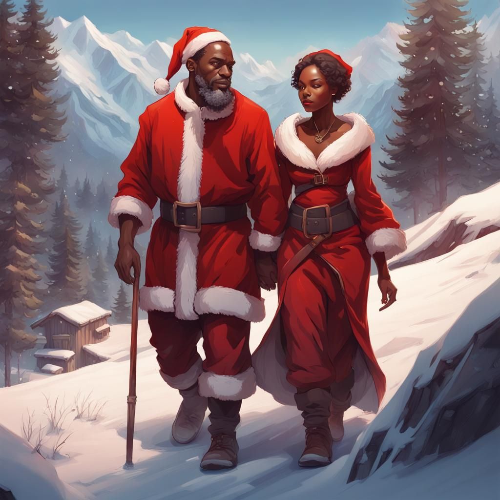 Young African Santa Couple in Snowy Landscape