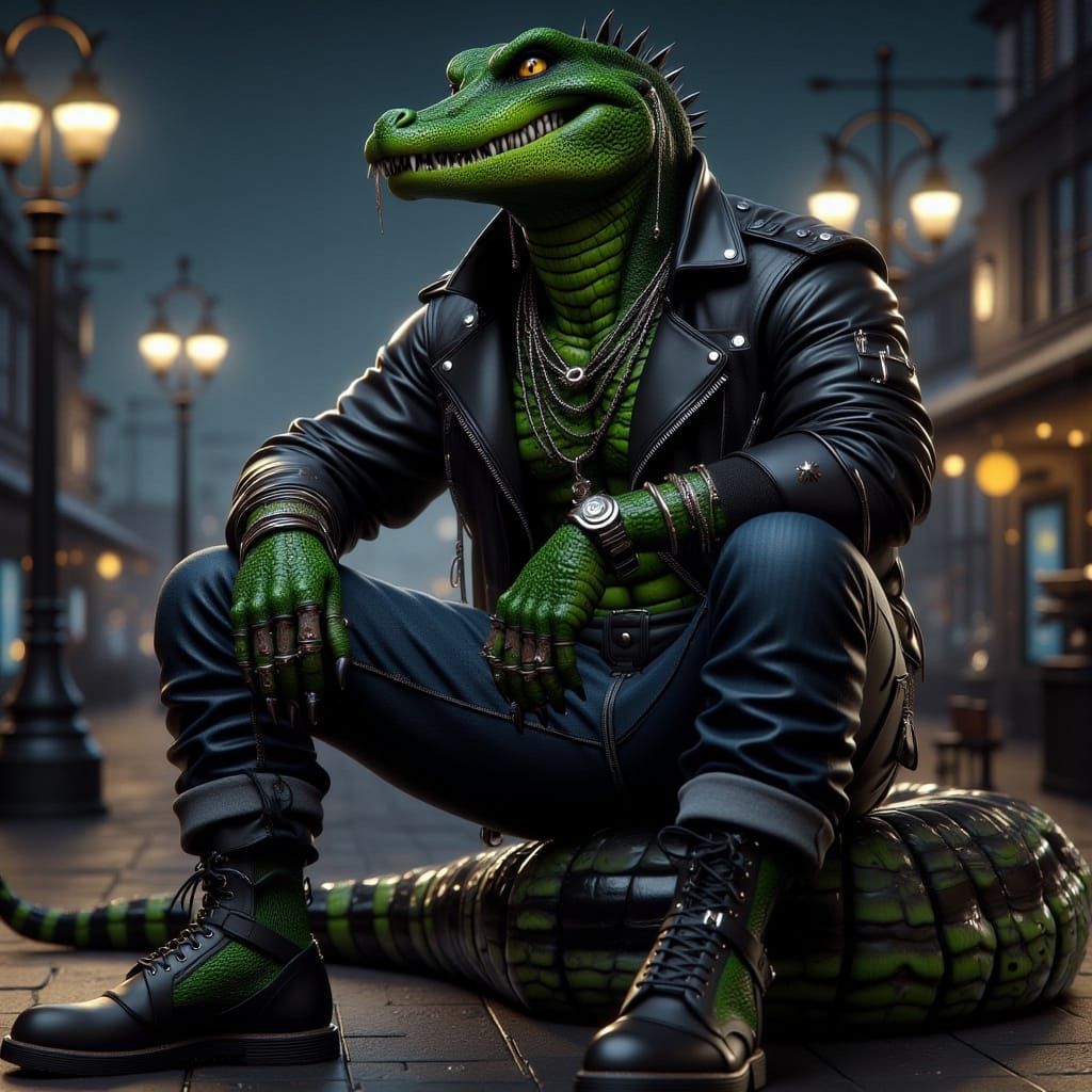 Cyberpunk Alligator Man Stands Tall in Dark City Streets
