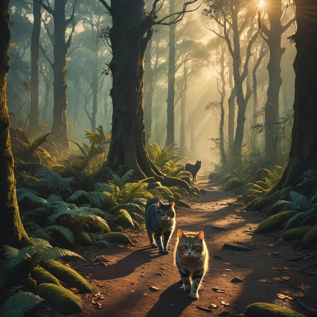 Mystical Cat Journey in a Fauvist Forest