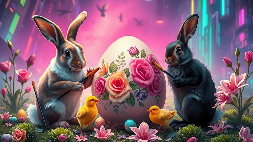 Cyberpunk Easter: Rabbits Painting Eggs in Neon Landscape