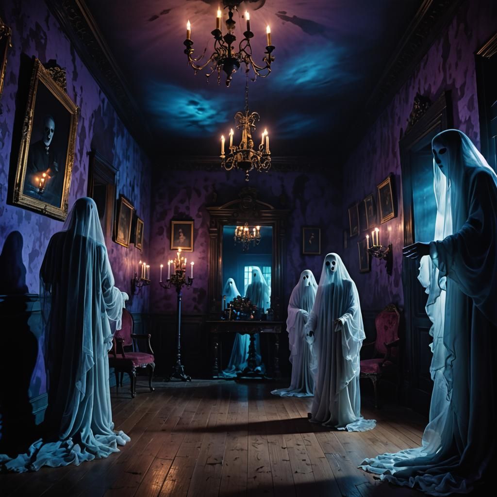 Ethereal Ghosts in Haunted House: Surrealist Image