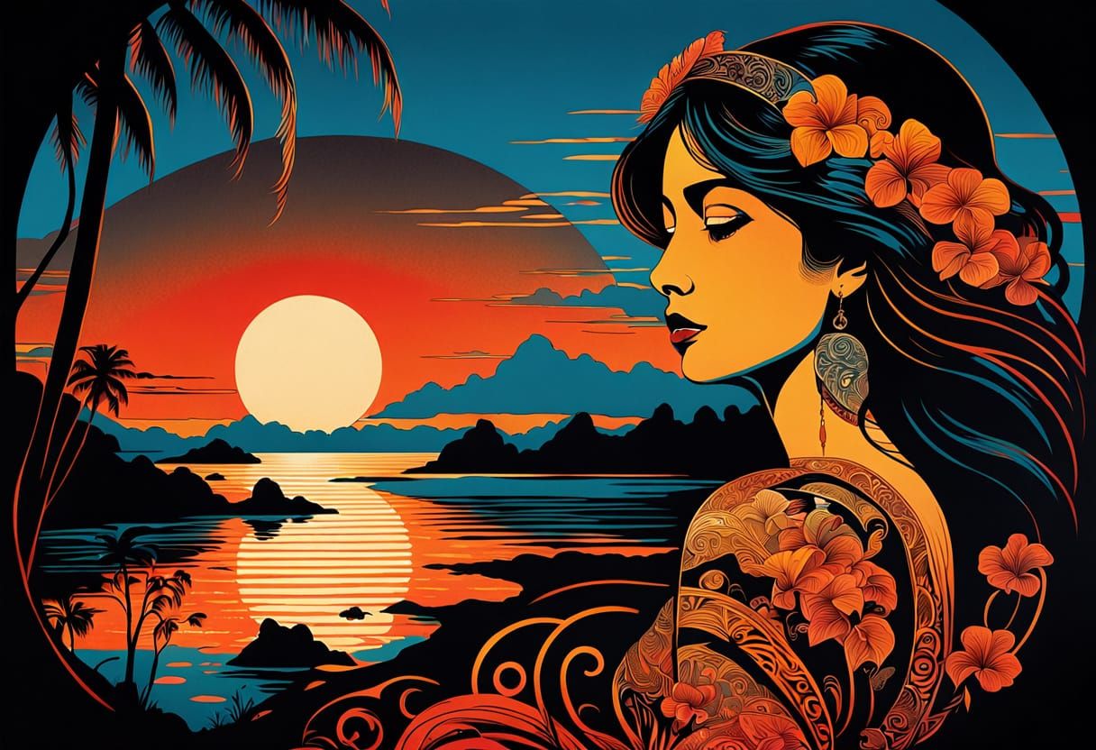 Art Nouveau Silkscreen of a Lonely Woman at Sunset