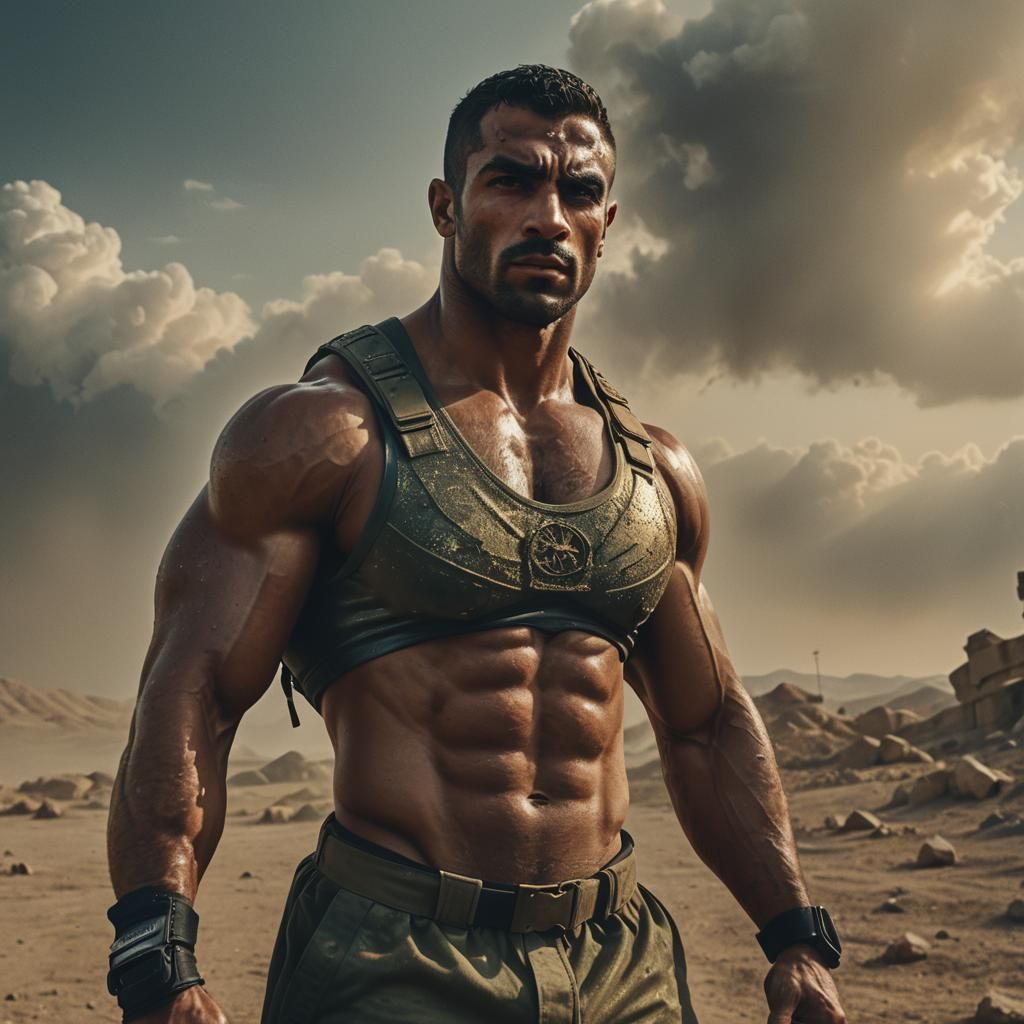 Arab Bodybuilder in Military Gear: Cinematic Film Still