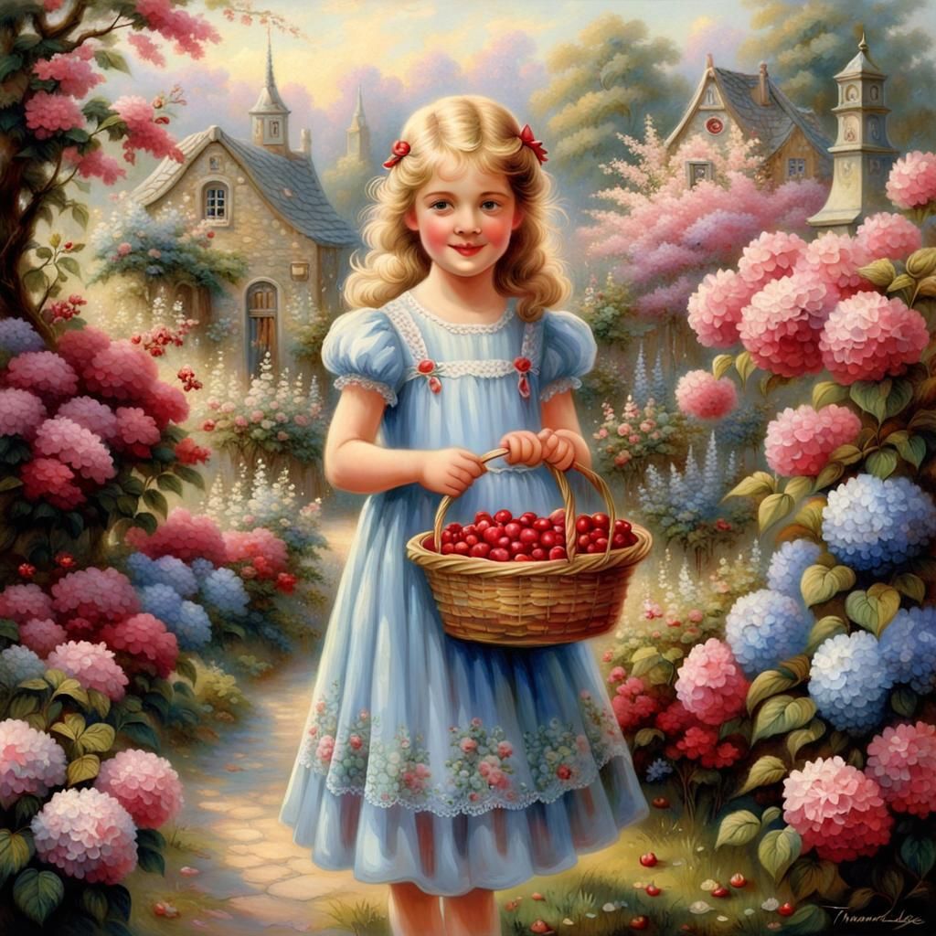 Girl with Cherries in Ethereal Fantasy Garden