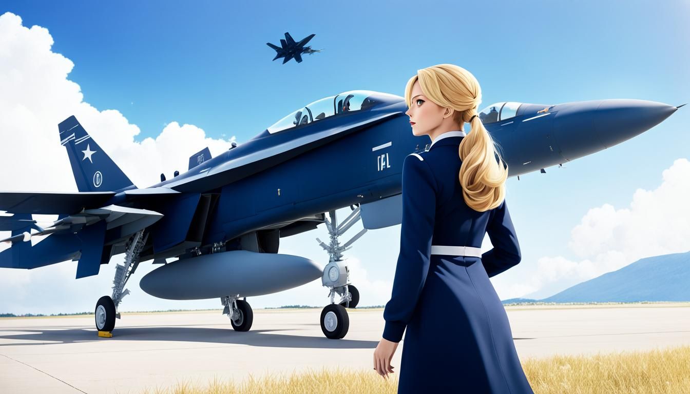 Woman Watches F-18 Hornet Jet in Anime Style