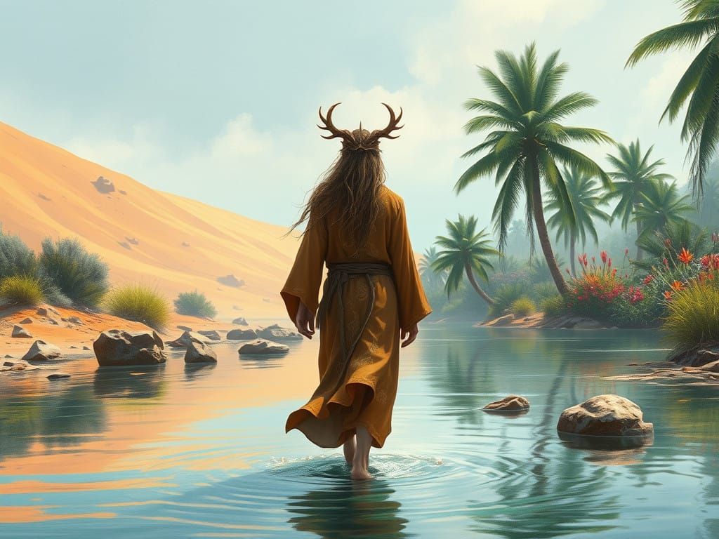 Holy Druid Embarks Through Desert Oasis Landscape