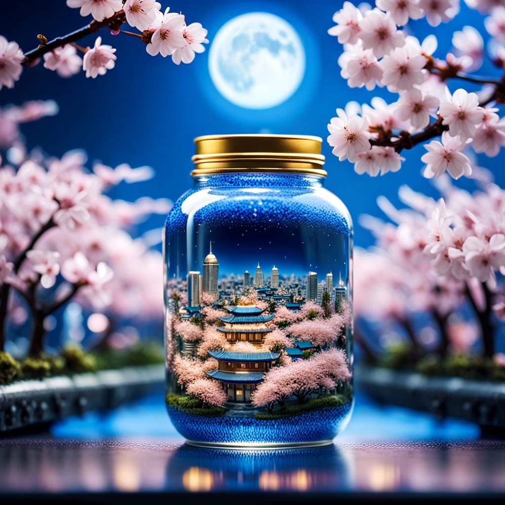 Miniature Futuristic City in Jar Under Moonlit Sky