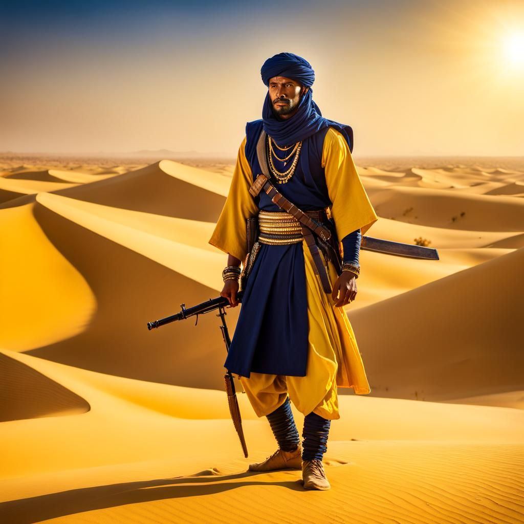 Lonely Tuareg Warrior in Desert Oasis, Hyperrealistic 3D Ren...