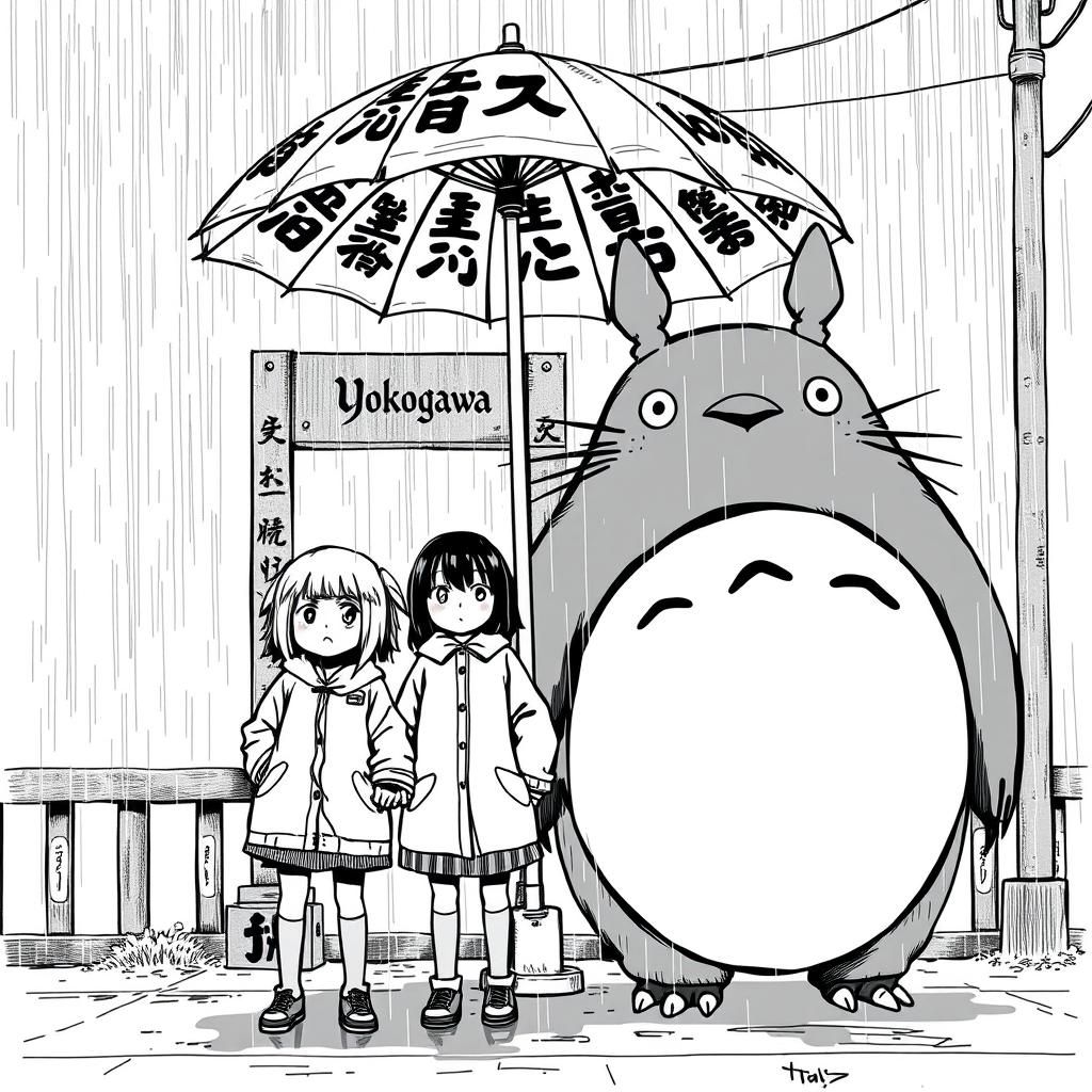Girls with Totoro in Manga-Inspired Rain Scene
