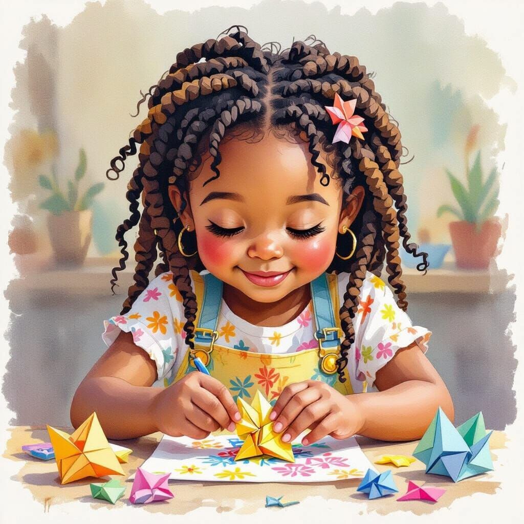 Joyful Girl Crafting Origami: Watercolor Painting with Vibra...