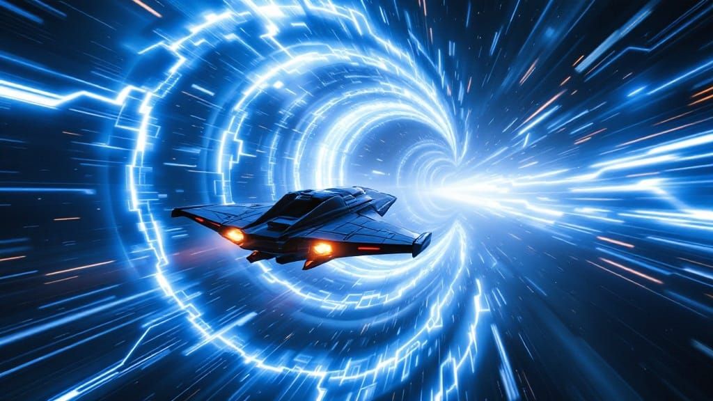 Cosmic Starship Blazing Through Hyperspace Tunnel
