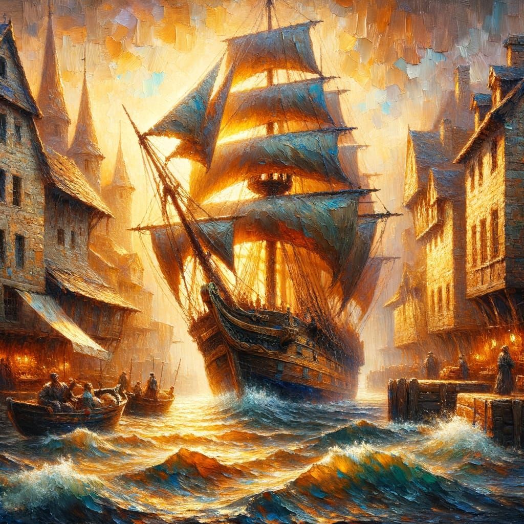 Medieval Harbor: Sailing Ship in Impasto Oil Painting