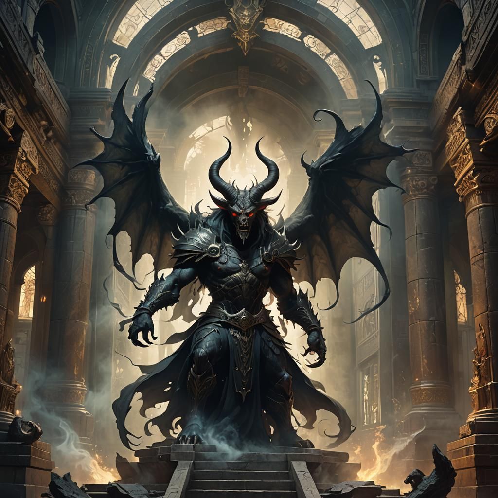 Demon Buer in Ancient Temple, Dark Fantasy Art