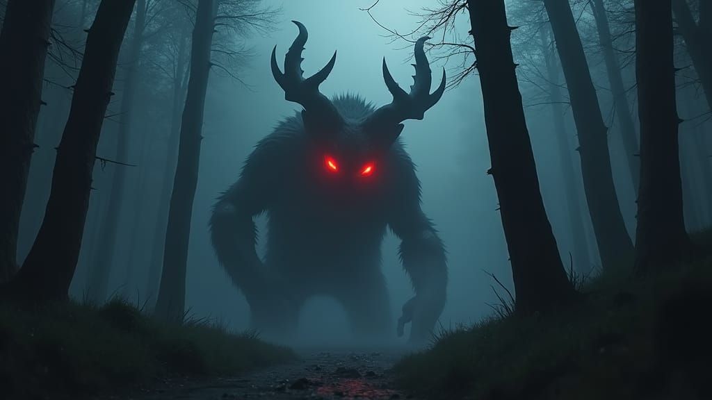 Gloomy Beast Eyes in Foggy Forest