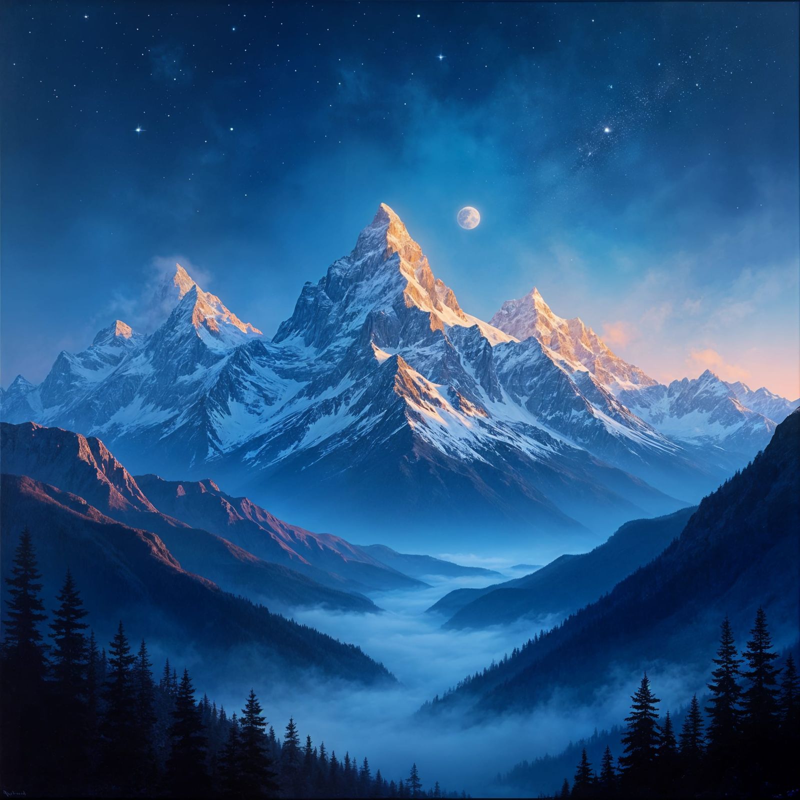 Night Mountain Range: Ethereal Digital Painting