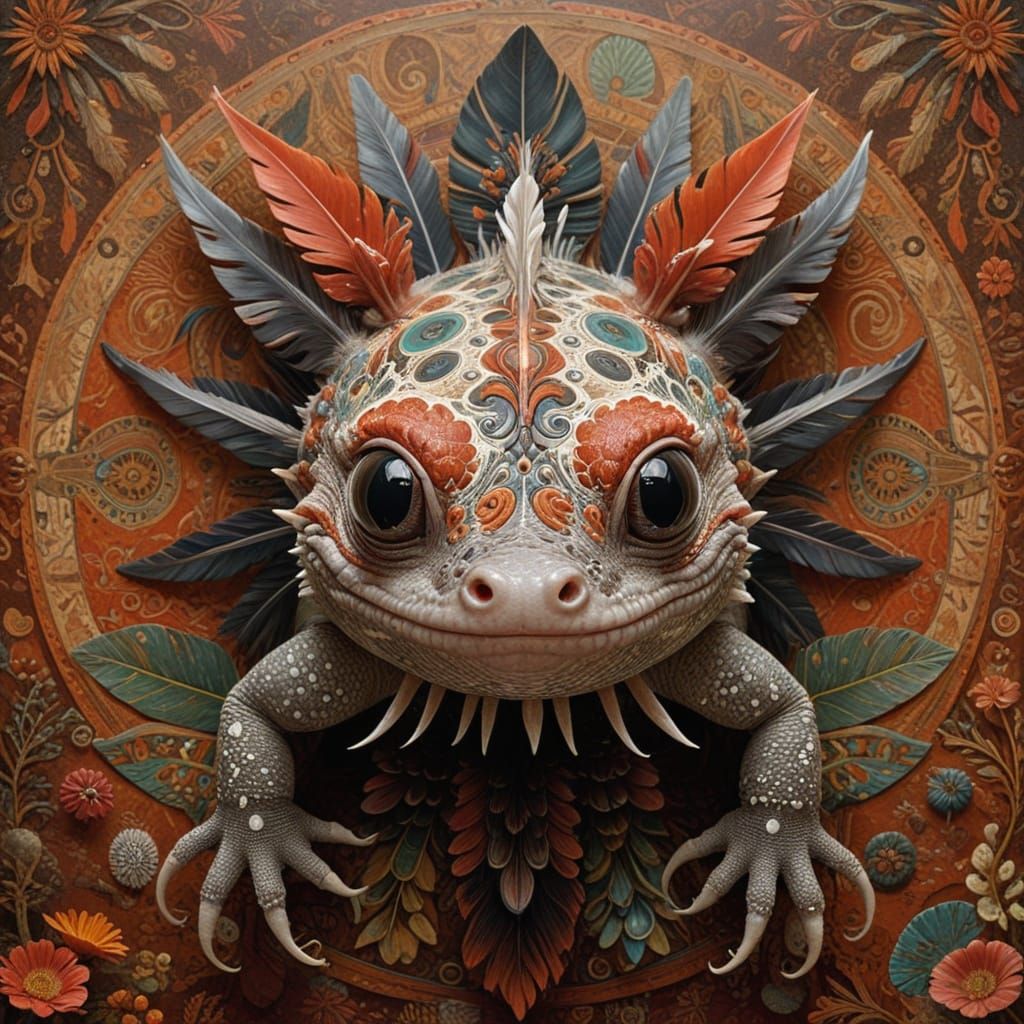 Mesoamerican Hybrid Creature in Vibrant Pre-Columbian Art St...