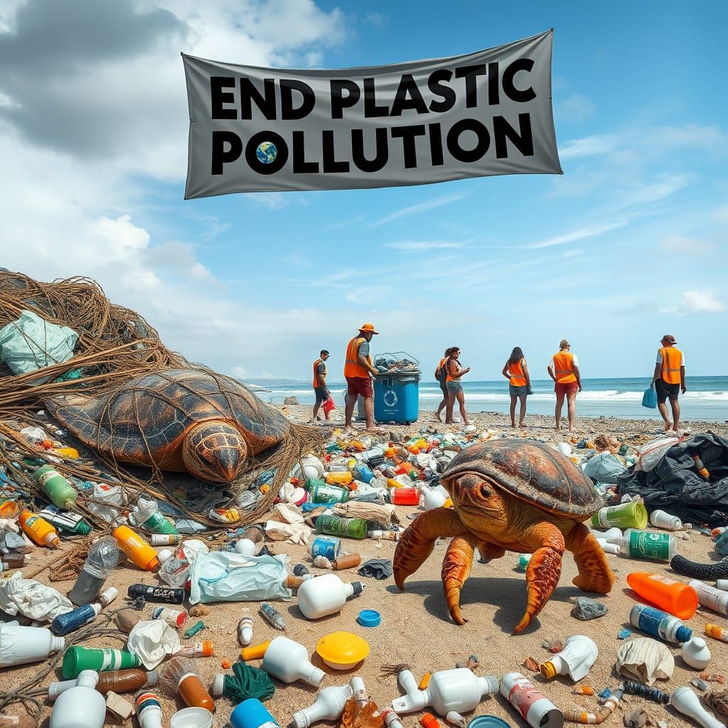 Plastic Pollution Shoreline in Cyberpunk Style