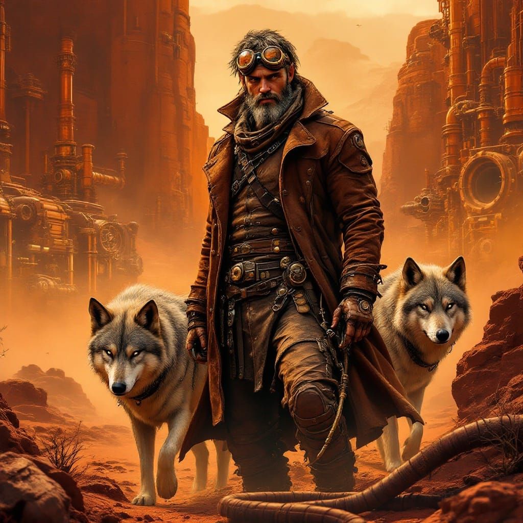 Steampunk Hunter with Cybernetic Wolves on Mars