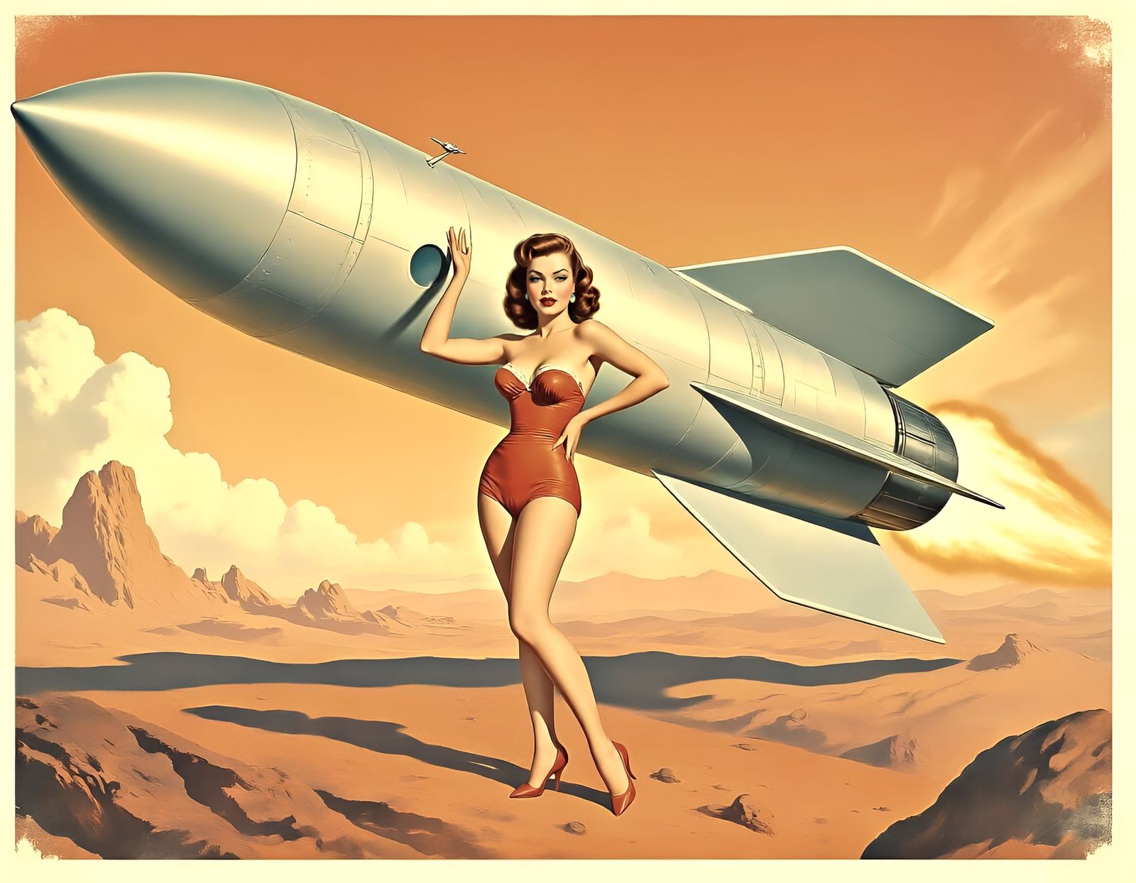 Glamorous 1950s Pin-Up Poses With Rocket Ship