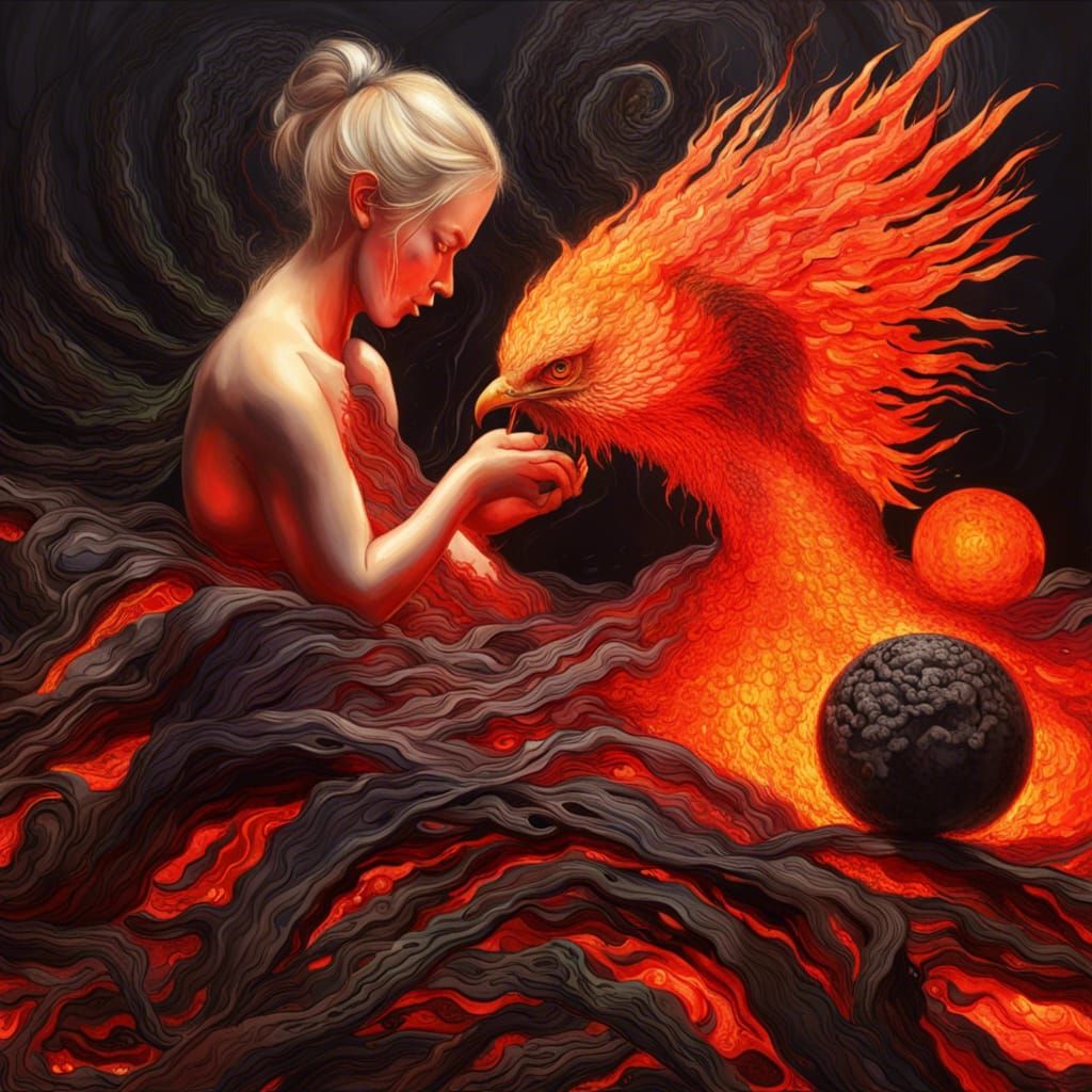 Phoenix Consuming Lava: Hyperrealistic Oil Painting