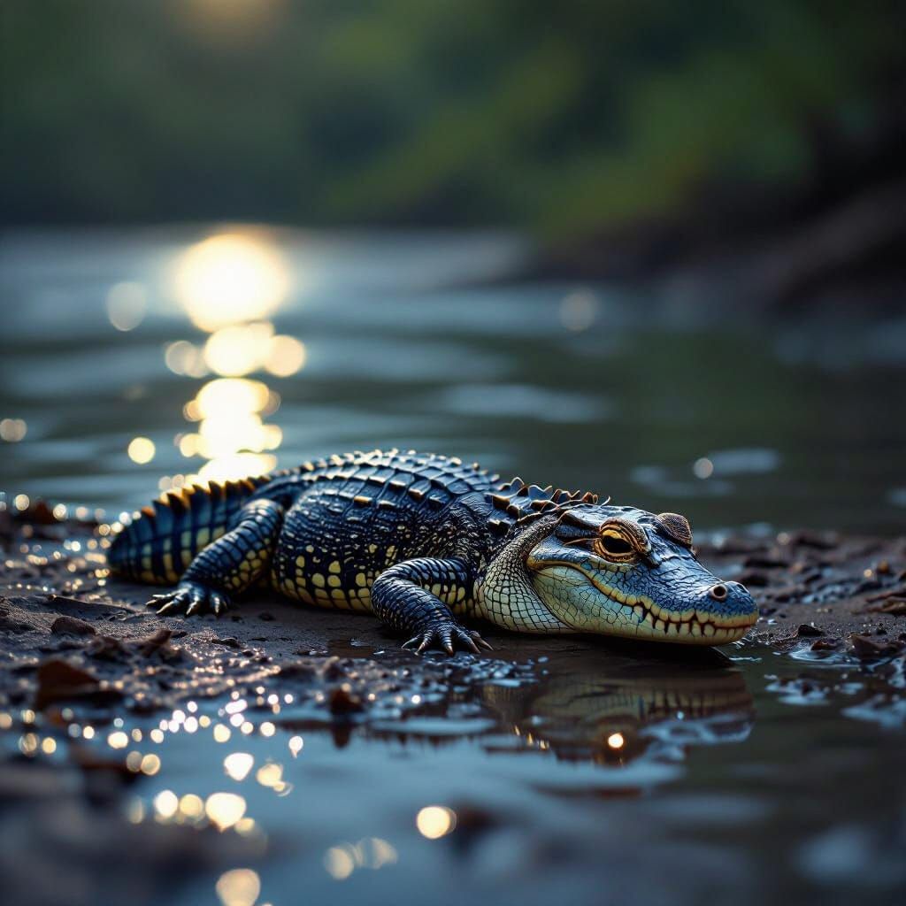 Miniature Caiman Rests on Moonlit Riverbank