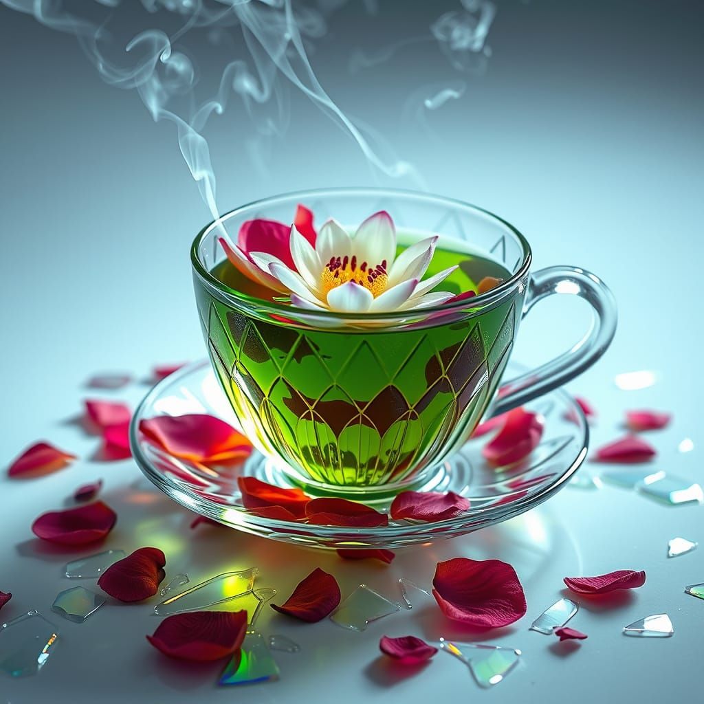 Crystal Tea Cup with Lotus and Rose Petals, Mystical Aura