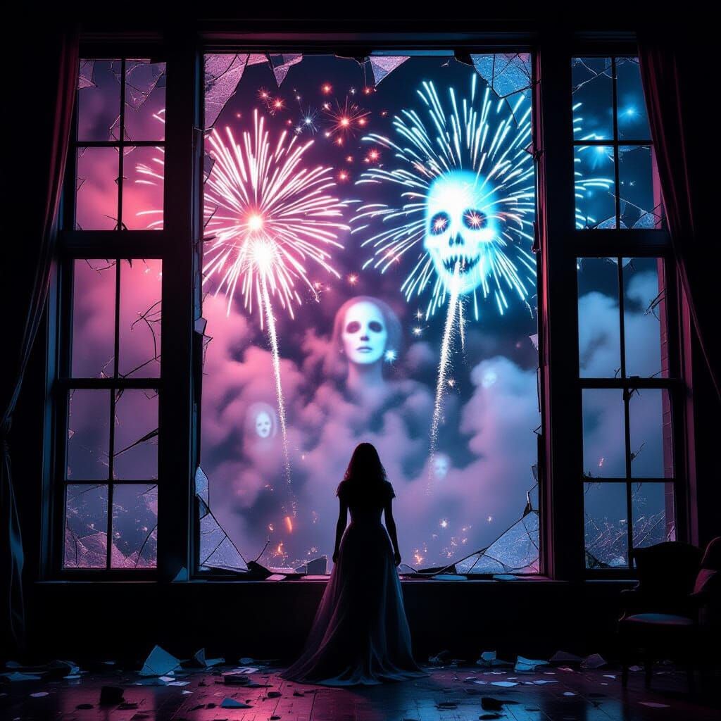 Ghostly Fireworks Form Faces in Night Sky Over Ballroom