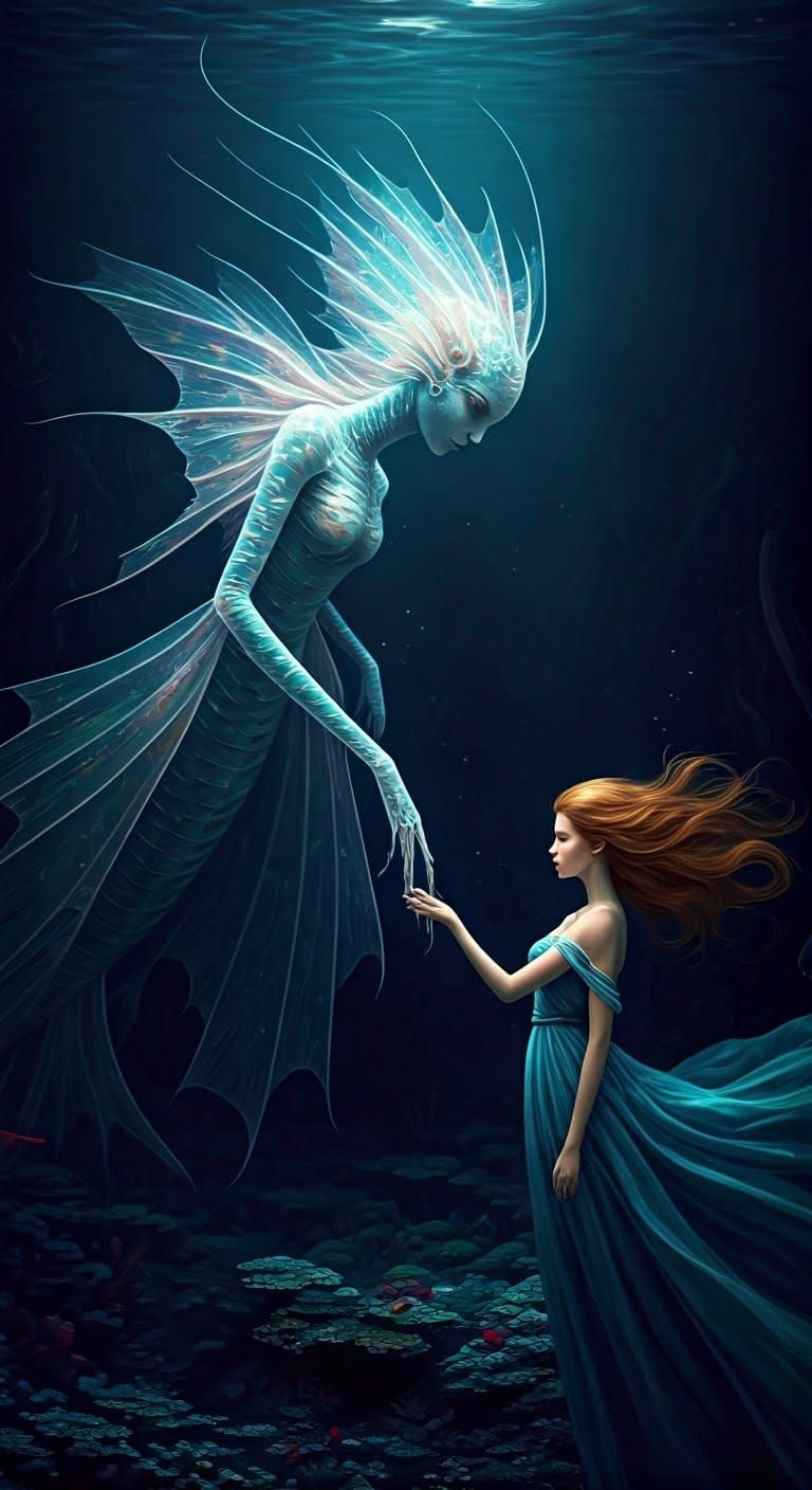 Ethereal Abyssal Creature Touches Human Hand in Dreamlike Sc...