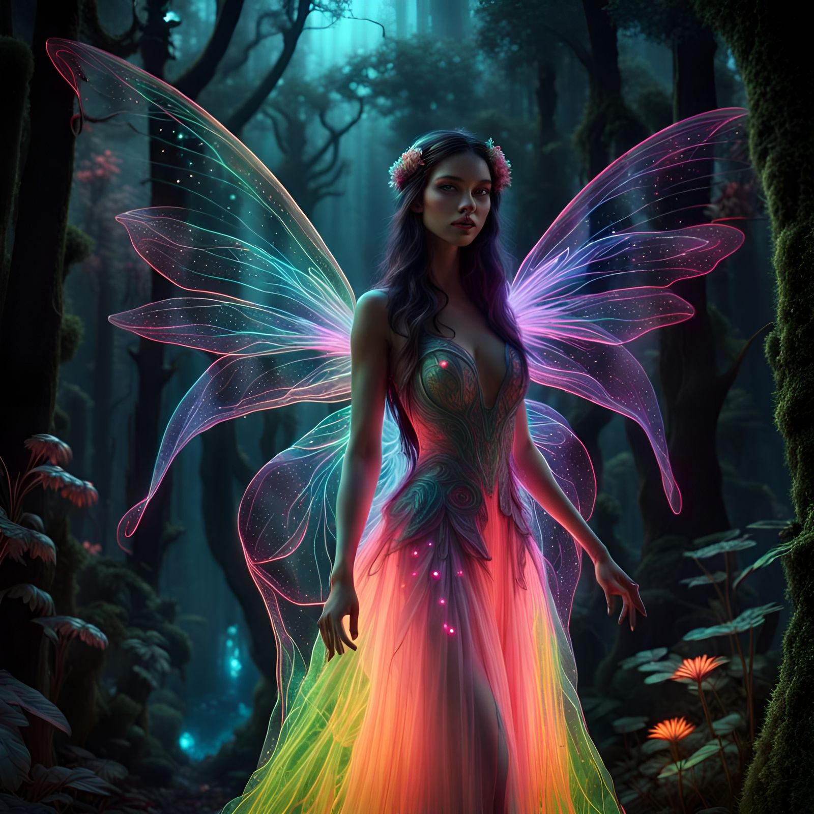 Neon Fairy in Bioluminescent Forest, 3D Render