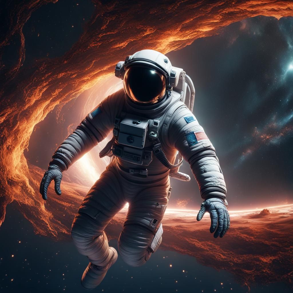 Astronaut Drifting into a Black Hole in Matte Painting Style