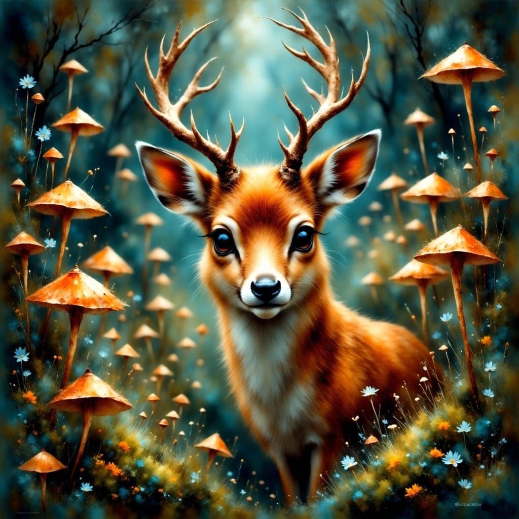 Dreamy Deer in Lush Forest Landscape