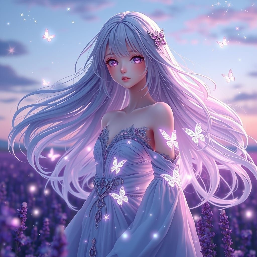 Anime Goddess in Lavender Field at Twilight