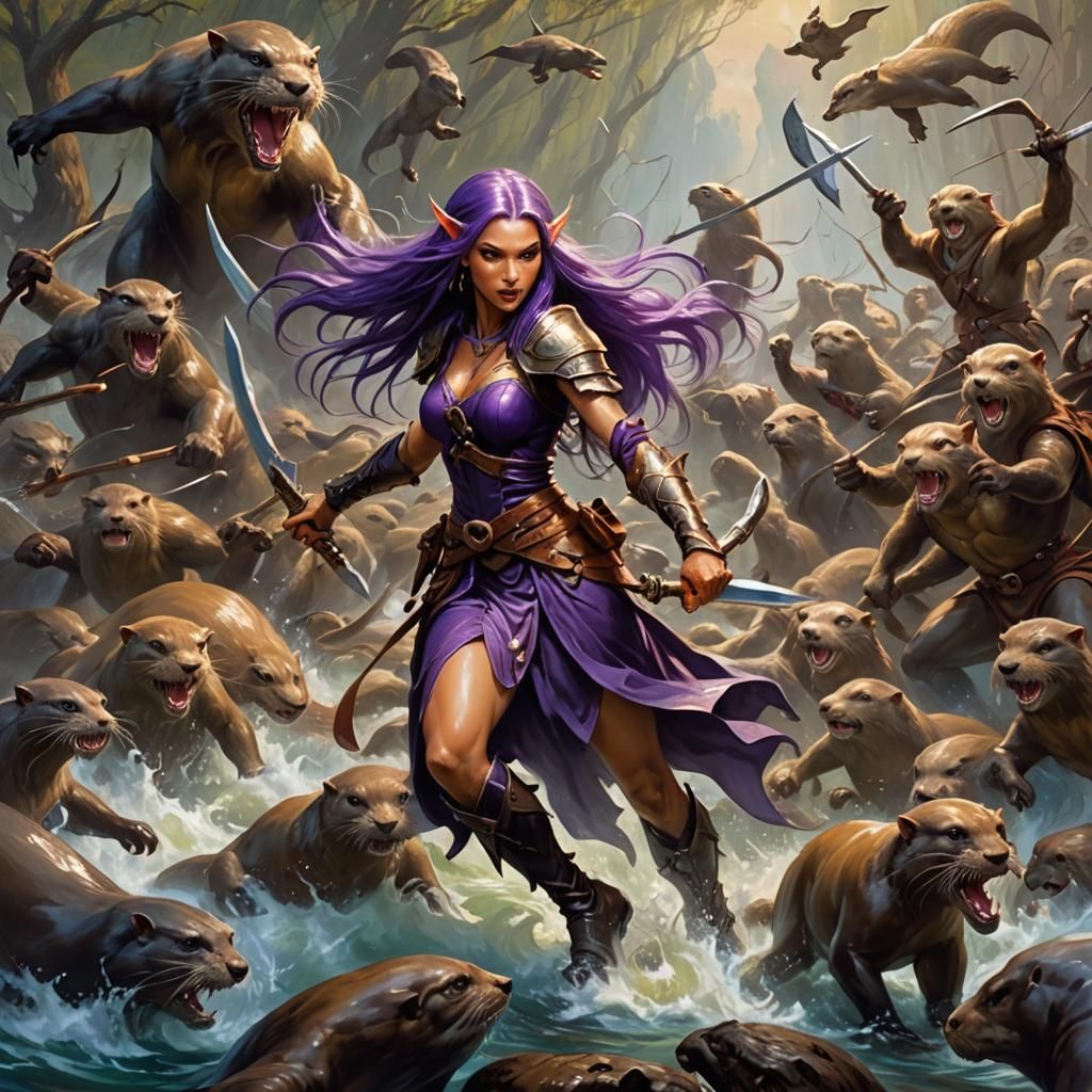Elf Battles Otter Horde: Oil Painting Concept Art