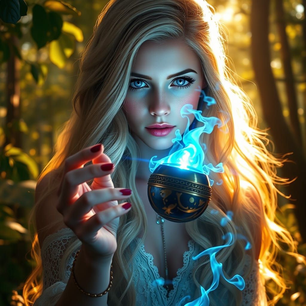 Mystical Woman Weaves Magic in an Enchanted Forest