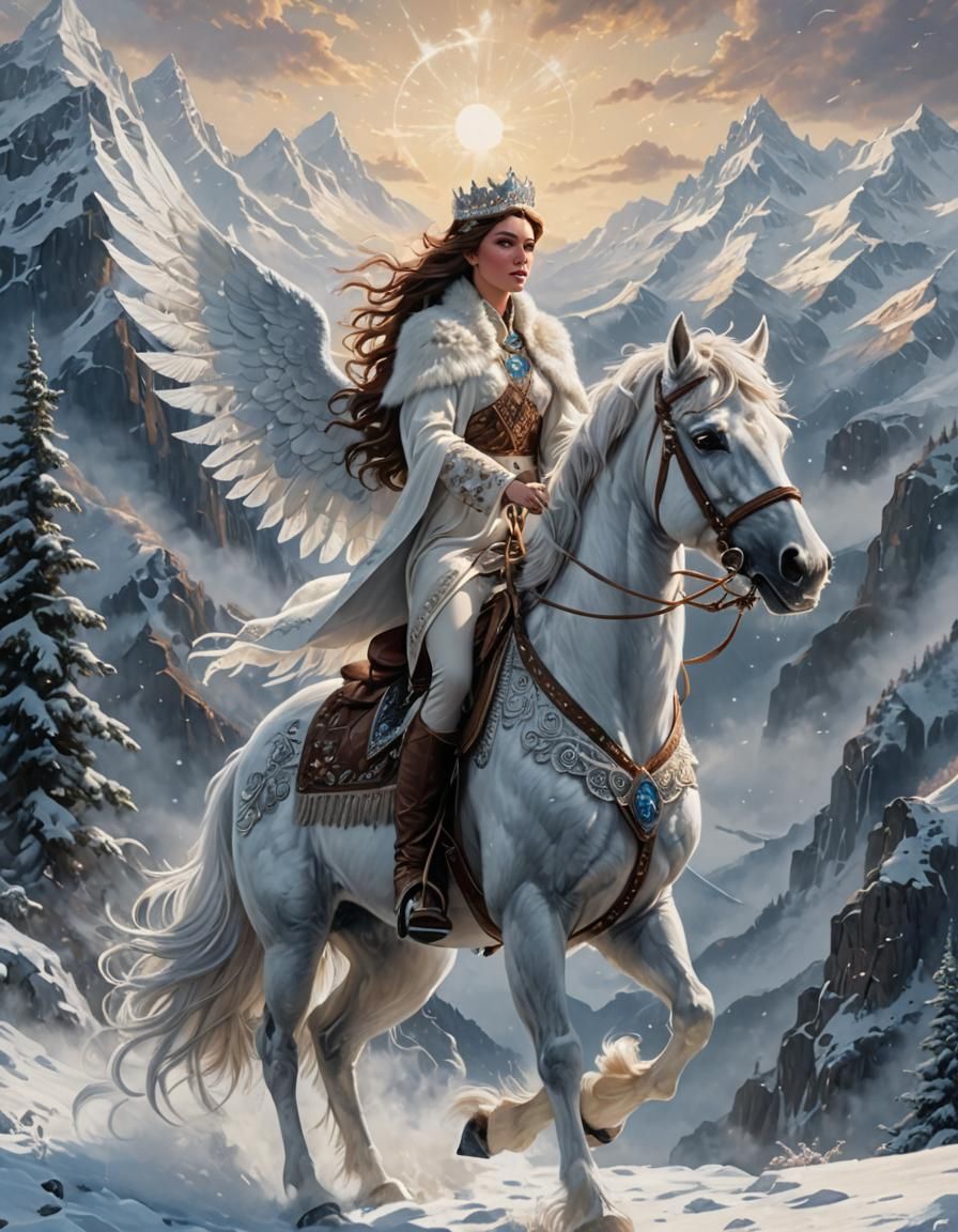 Princess on Pegasus in Snowy Mountains, Fantasy Art