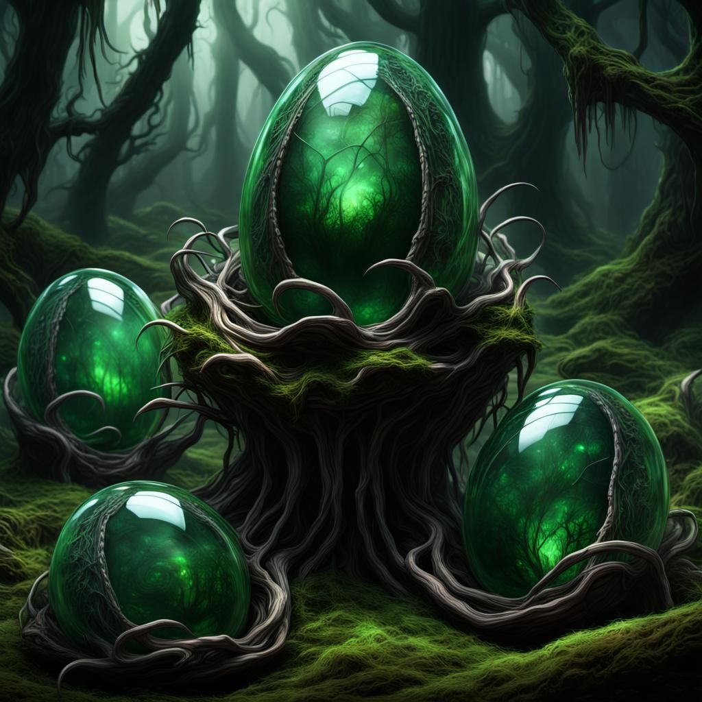 Green Glass Alien Egg Pods in Dark Forest