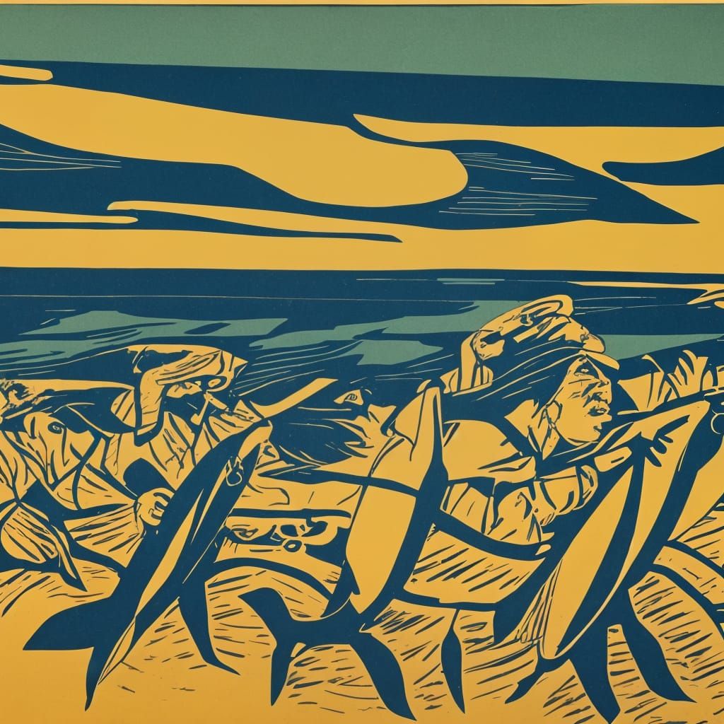 Traditional woodblock print aesthetic. 
Oversized fish at th...