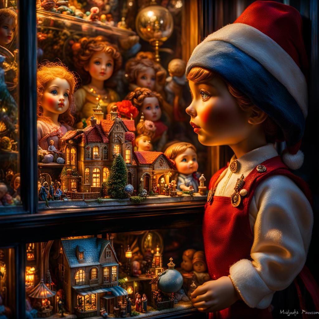 Enchanting Toy Shop Window Display as Oil Painting
