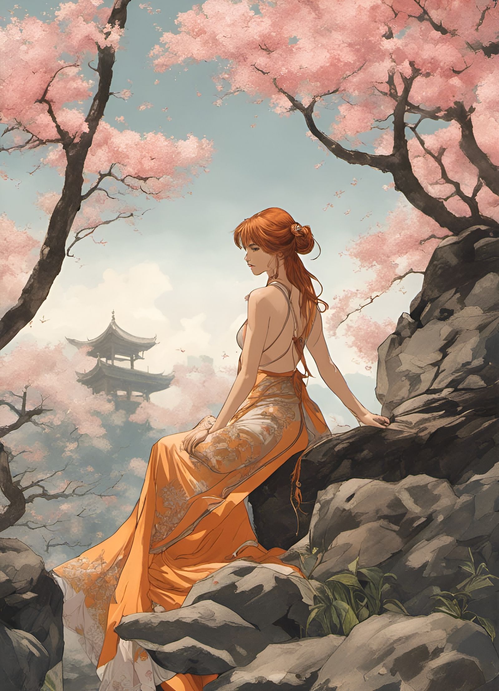 Redhead Meditating in Japanese Temple City