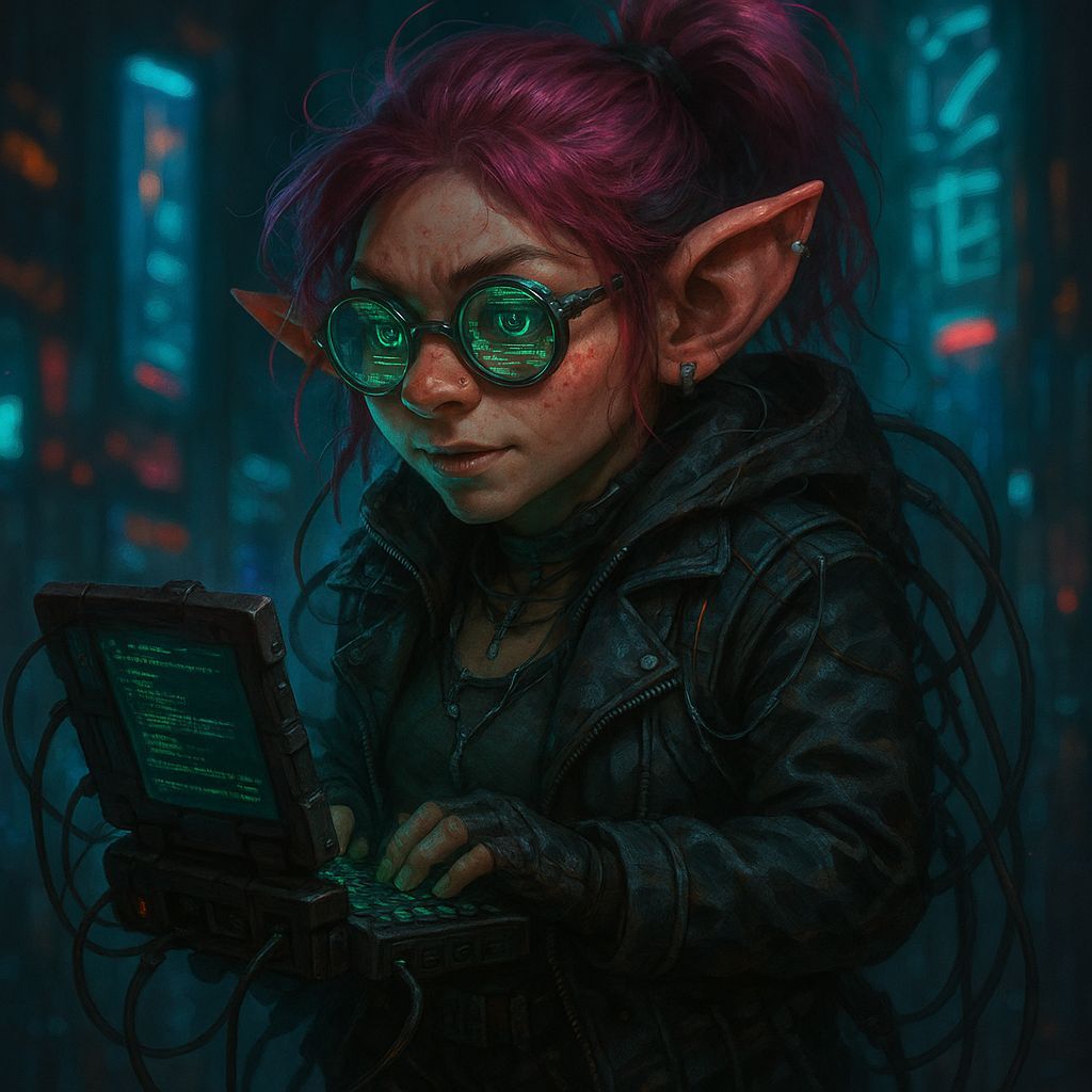 Shadowrun Female Gnome Decker in Cyberpunk Style
