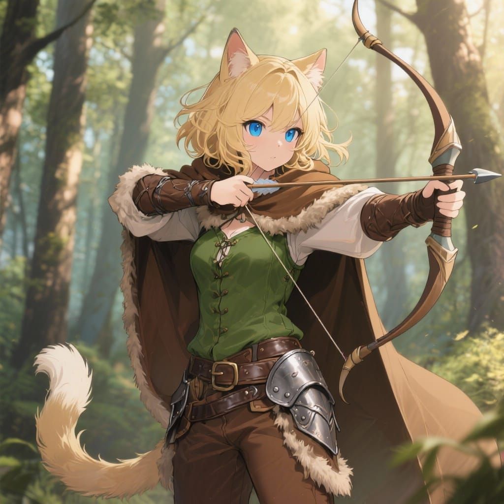 Anime Tabaxi Druid with Bow in Forest Sunlight