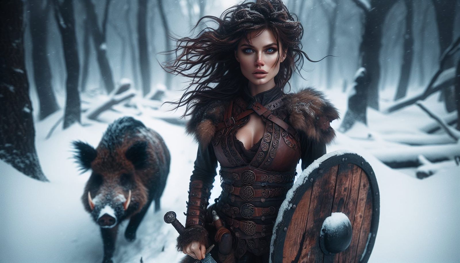 Norse Warrior Goddess Defies Charging Boar in Winter Storm