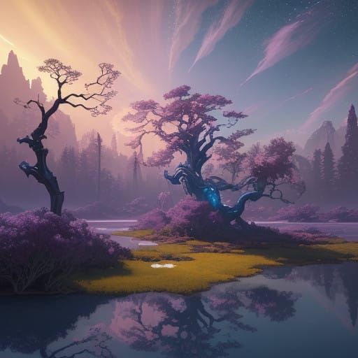 Ethereal Realm with Swirling Skies and Gnarled Trees