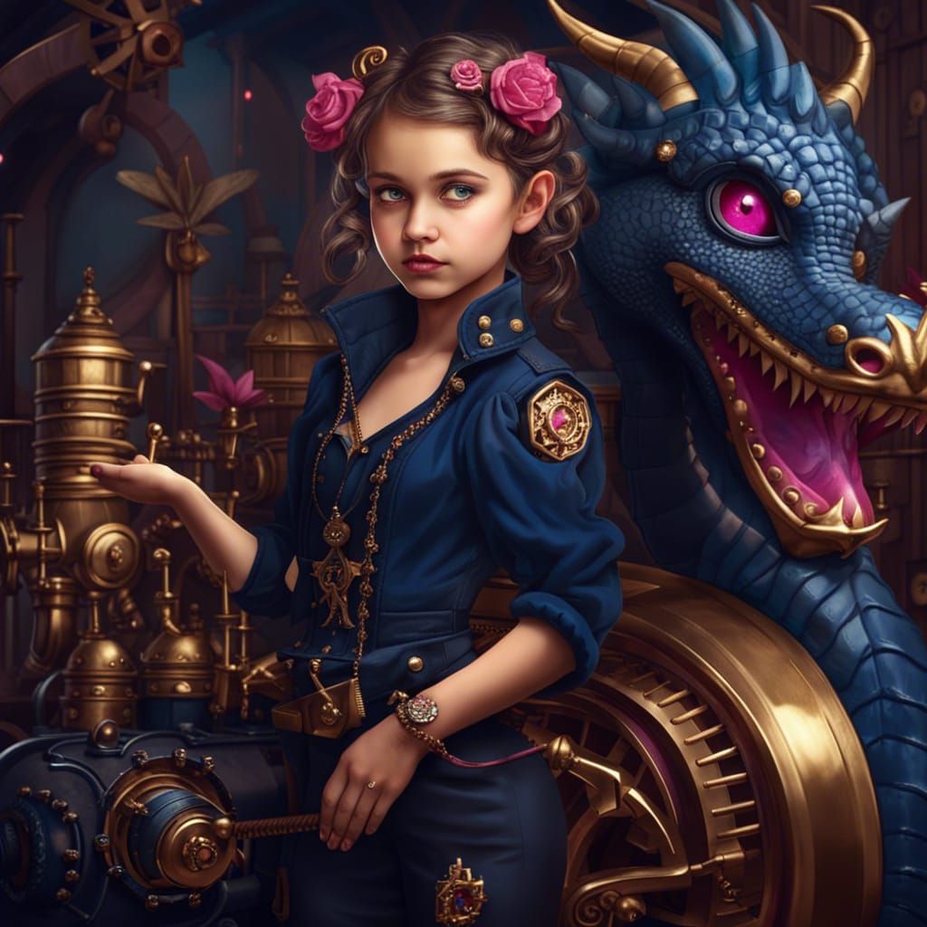 Girl with Dragon in Steampunk Fairy Town