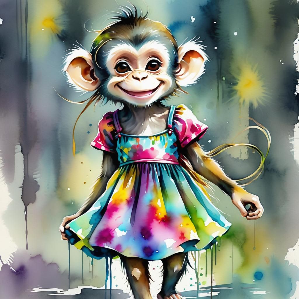 Watercolor Monkey Caricature in City Zoo