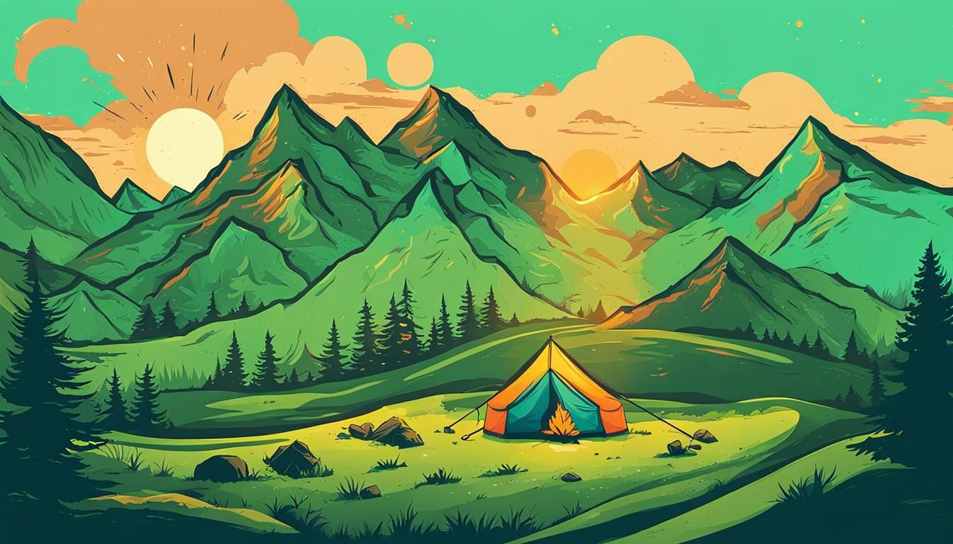 Camping in Mountain Landscape: Vector Sketch Illustration